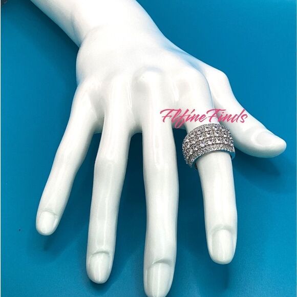 🧊💍Wide Luxurious Silver CZ Diamond 5-Row Sparkle Band Statement Cocktail Ring - Picture 4 of 17